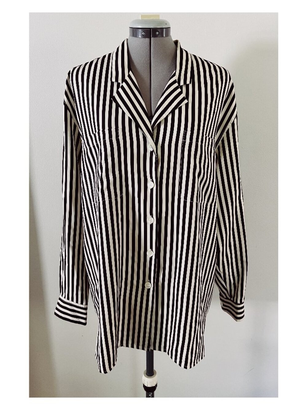 VTG New York City Blouse Co Sz L Black and White Stripe Silk Blouse